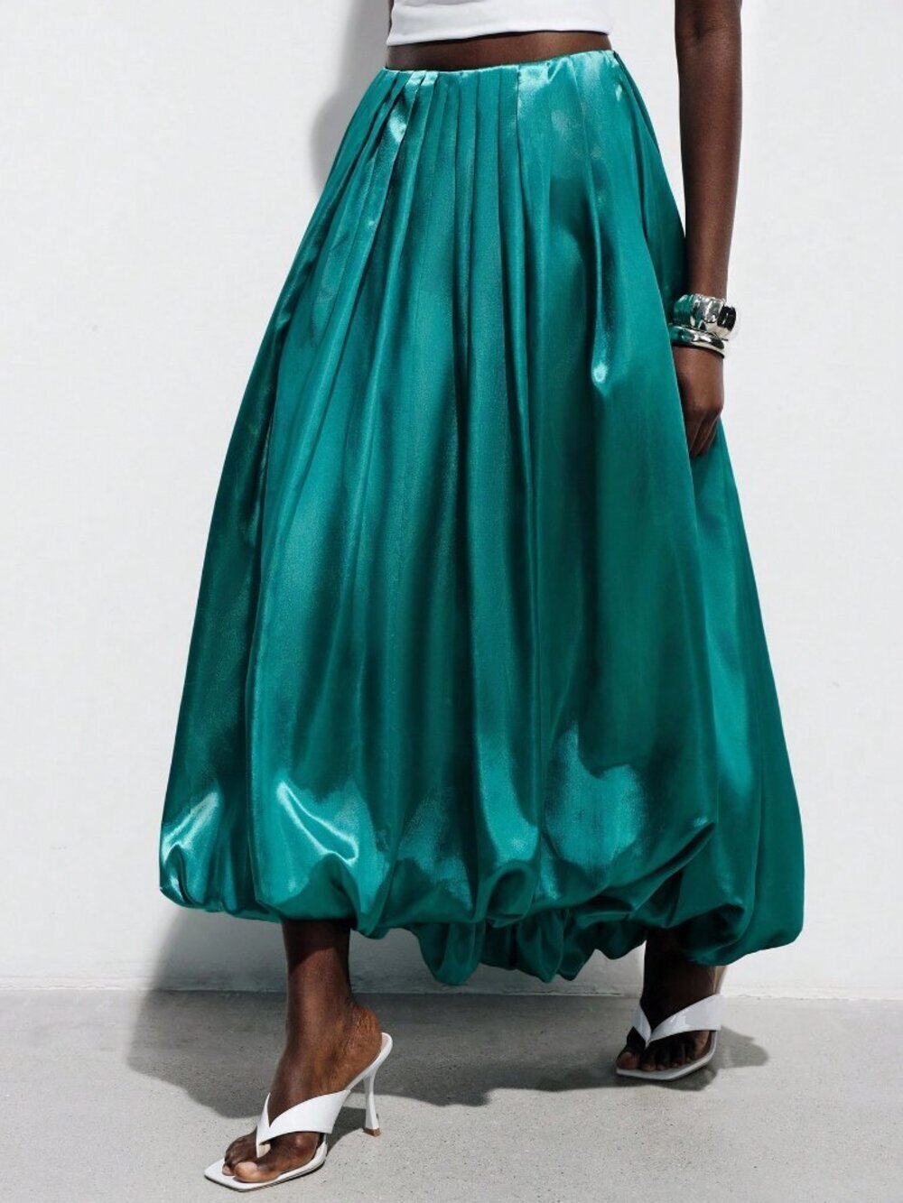 Green Casual Women's High-Waisted A-Line Satin Pleated Skirt